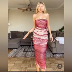 Zara Printed Tulle Strapless Corset Sheath Midi Draped Stretch Dress Bloggers S